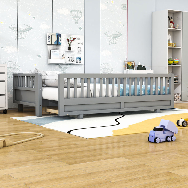 Convertible Wood Platform Bed With Guardrails And Movable Design, Gray, Twin XL