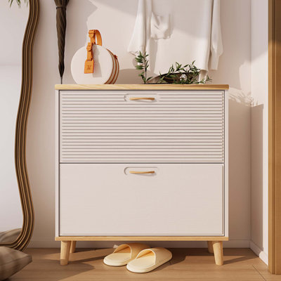 Armoire à chaussures pour le vestibule, armoire à chaussures étroite, armoire à chaussures avec 2 tiroirs rabattables, range-chaussures autoportant avec pieds en bois naturel, organisateur de rangement mince pour 8 à 16 paires