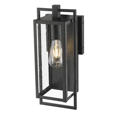 13 in. 1-Light Matte Black Outdoor Wall Lantern With Seeded Glass Panes