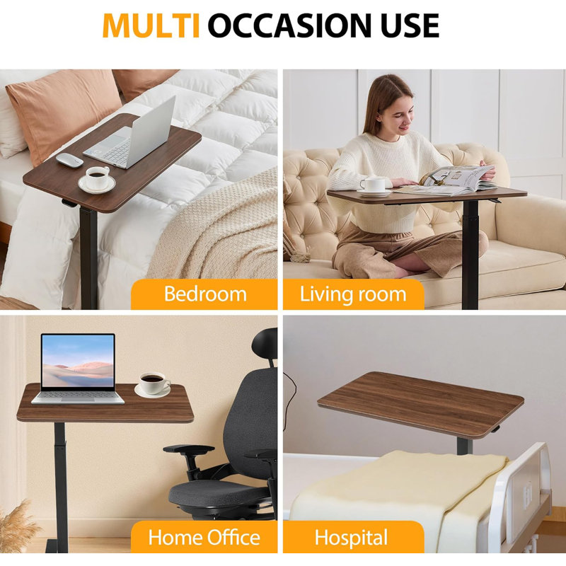 Overbed Table With Hidden Wheels, Mobile Standing Desk Hospital Bed Table Laptop Bedside Sofa Side Table, Multi-Purpose Rolling Overbed Table