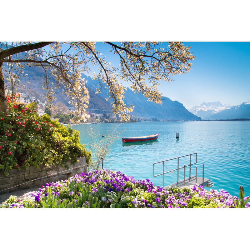 Fleurs Nelvie, montagnes et lac Léman à Montreux, Suisse par Michalludwiczak, H 32 po x l 48 po x P 1,25 po