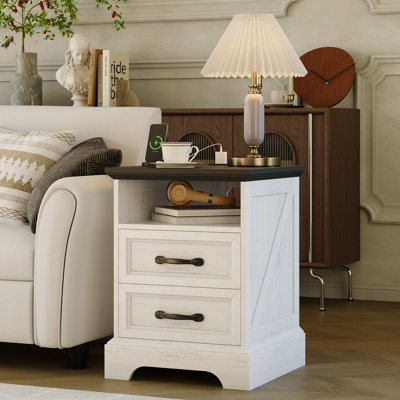 Farmhouse Rustic Nightstands with Charging Station, Modern Wood Night Stands Bedside Tables with 2 Drawers, USB Ports & Outlets