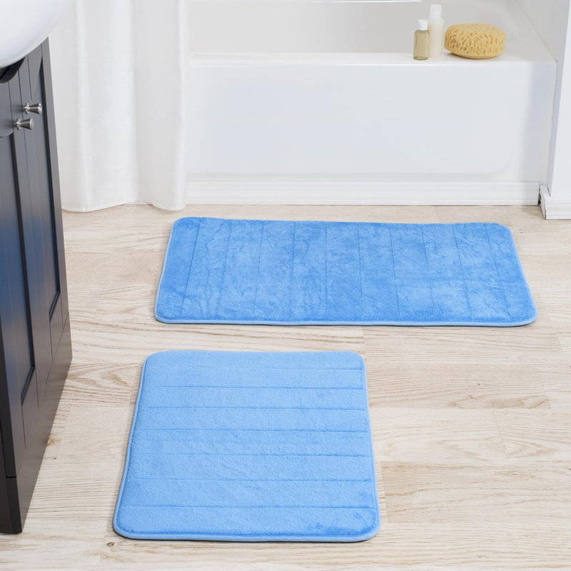 Billybob Memory Foam Bath Rug Set - 2-Piece Bath Mats with Microfiber Top - Non-Slip Absorbent Rugs, Blue