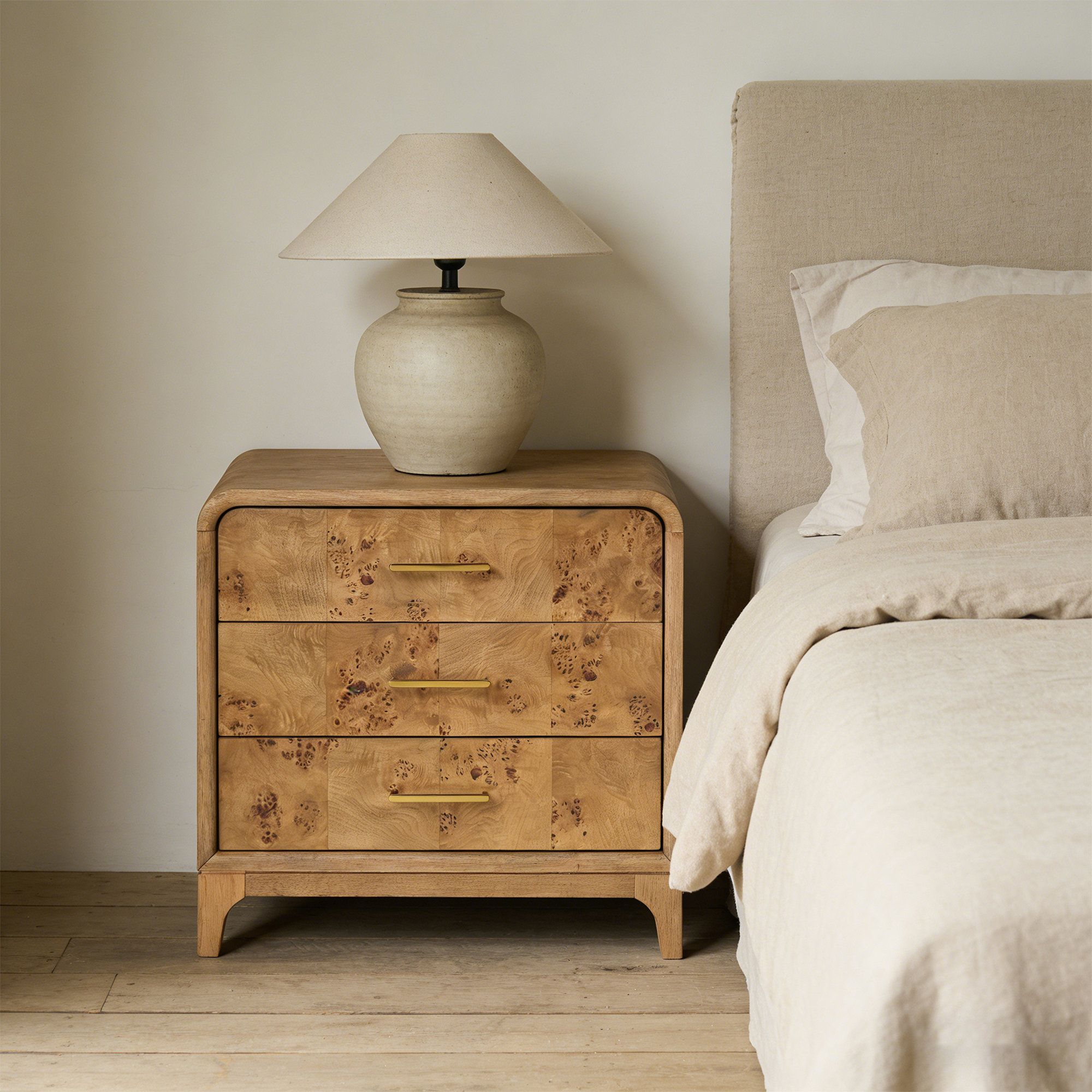 Adden Burl Wood 3-Drawer Nightstand, Oak
