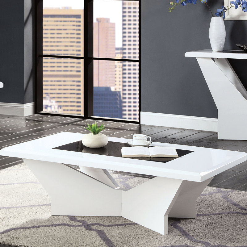 Table basse contemporaine avec plateau supérieur en verre trempé blanc et base géométrique, assemblage simple de 46,74 po de long et ultrabrillant