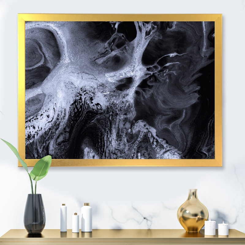 «Black and White Marble Waves», reproduction sur toile, H 12 po x l 20 po x P 1 po, Cadre photo doré