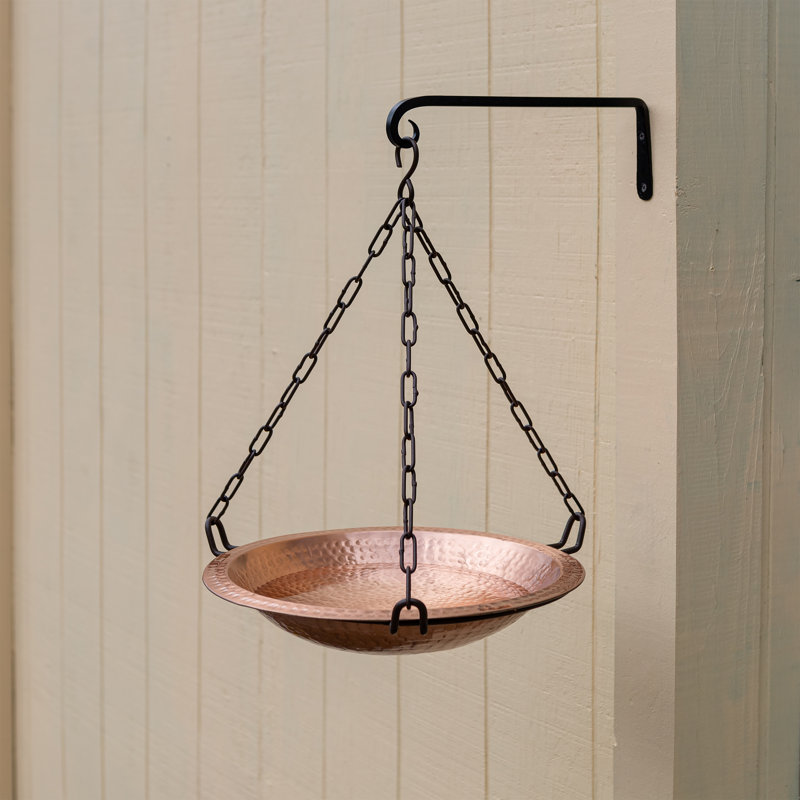Solid Copper Hanging Birdbath with Black Chain