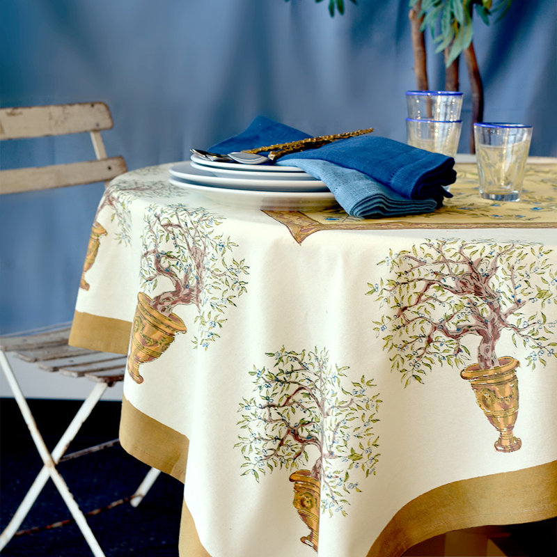 Dyess Olive Tree Tablecloth, 71" x 142", Gold-Blue