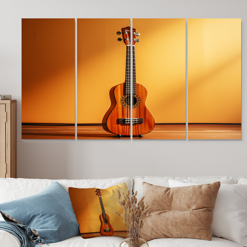 Minimalisme jaune, Guitard, musique, mélodie, 4 pièces, H 32 po x l 64 po