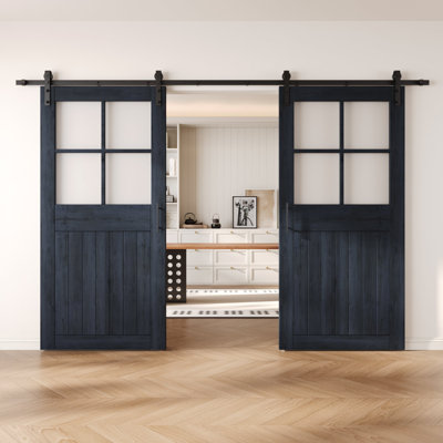 Homacer Navy Double 42in x 84in Half Lite Grid Frosted Glass Unassembled & Finished Barn Doors with Non-Bypass Installation Hardware Kit, 15ft track, interior use only