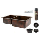 33" Hammered Copper Kitchen 40/60 Double Basin Sink with Matching Drains, and Accessories