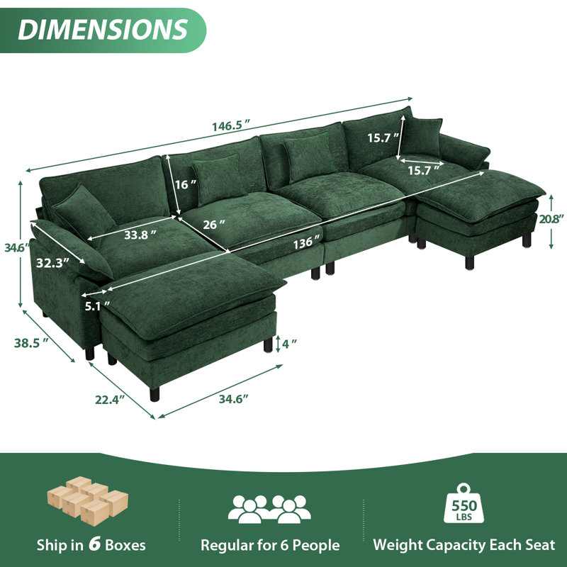 Upholstered U-Shape Sectional With Two Ottomans, 34.6" H x 146.5" W x 57.8" D, Green Chenille