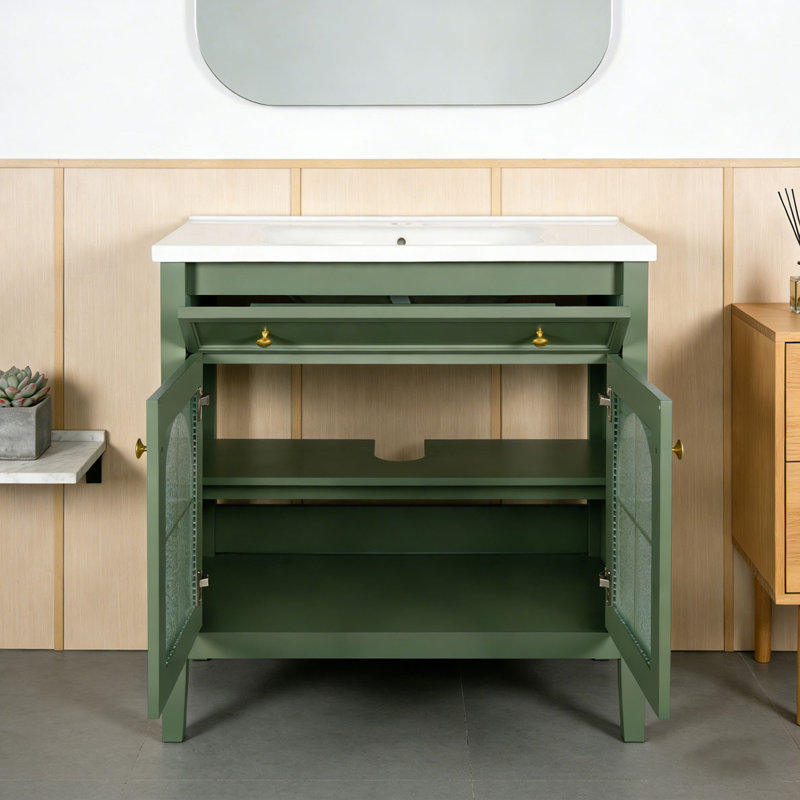 Armoire de salle de bain 35,6 po, Vert + armoire seulement + 2 portes