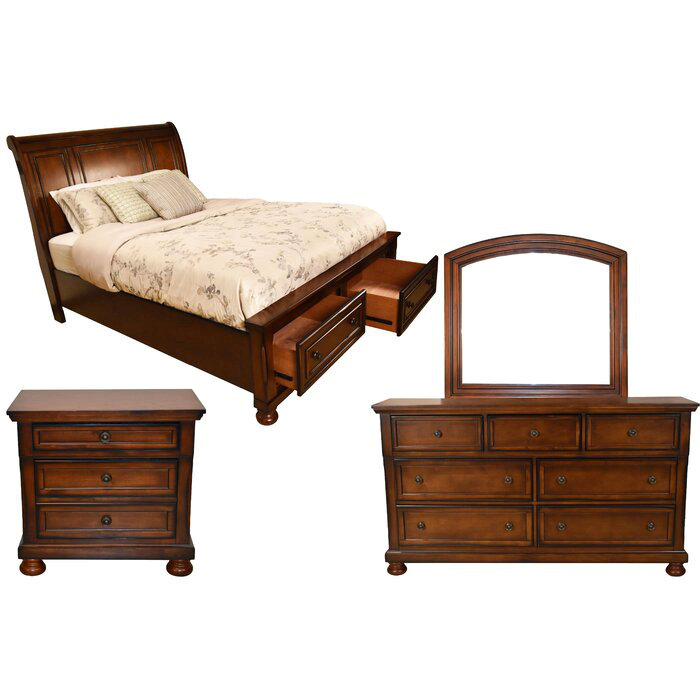 Ensemble de chambre avec grand lit 5 pièces en bois de noyer foncé, Marron foncé