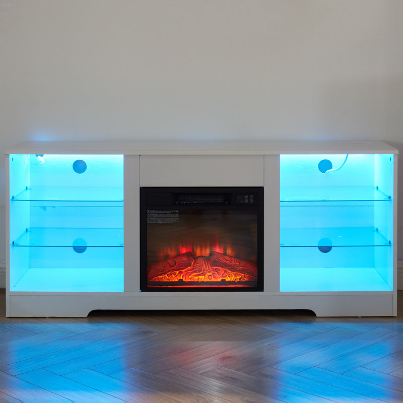 TV Stand Electric Fireplace  Glass Shelves, 3D Fireplace TV Stand With LED Lights Wood With USB Charging Outlet Modern Television Table Center For TV Up To 62"