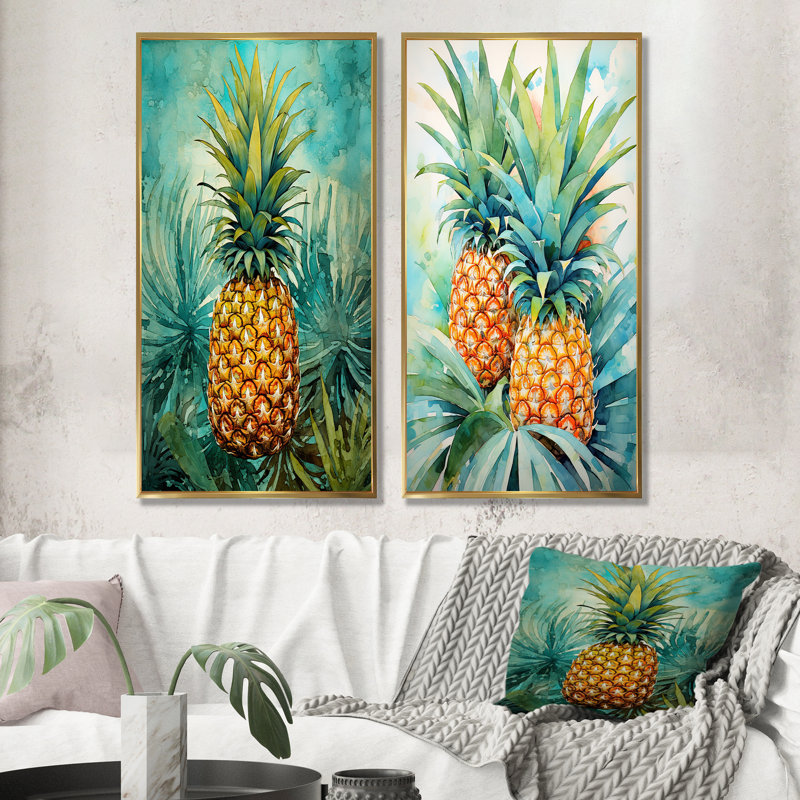 Ensemble de 2 décorations tropicales bleu sarcelle et ananas Paradiso, Encadrement doré, H 28 po x l 25 po