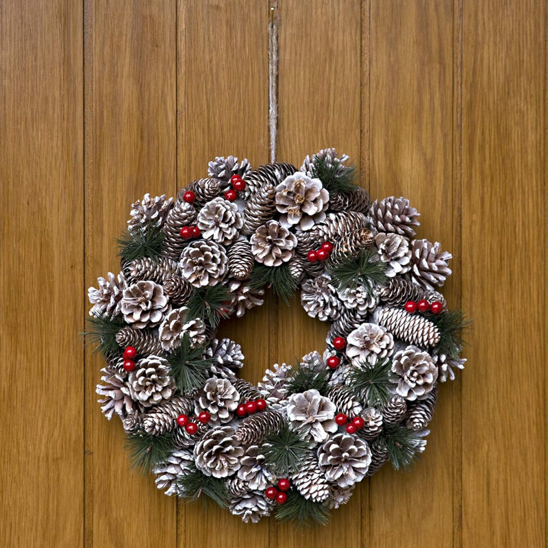 Christmas Hanging Wreath- Festive Pine Cone Display with Subtle White Frosting, 38cm x 38cm