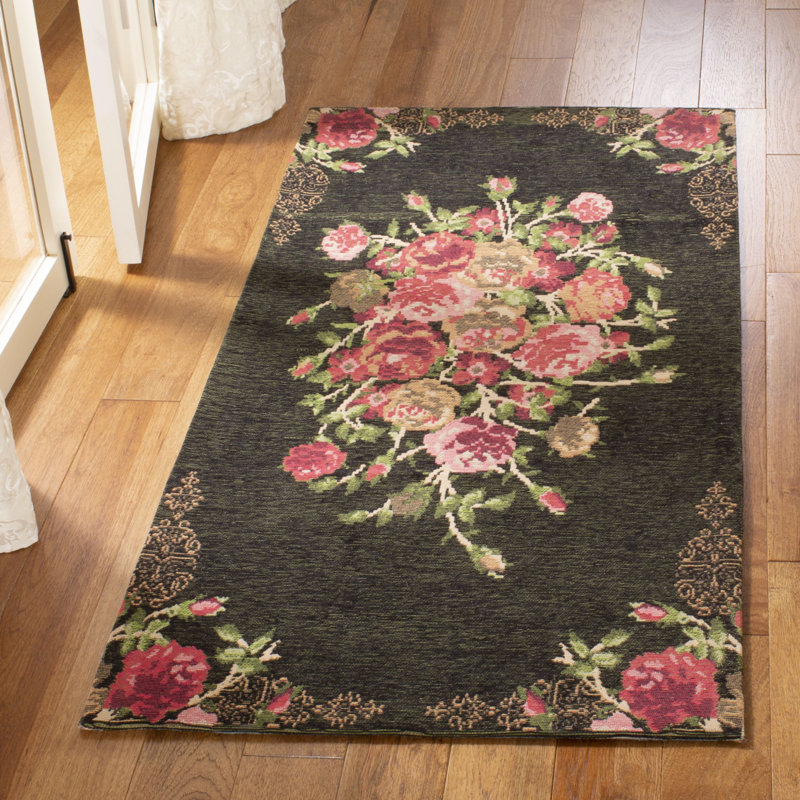 Tapis noir / rouge à motif floral Tammie, Rectangle 6 pi x 9 pi