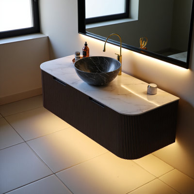 Meuble-lavabo 48 po avec lavabo, meuble de rangement mural rayé à bords arrondis avec 2 tiroirs, vasque en céramique noire avec motif en pierre, pré-assemblée, couleur noire