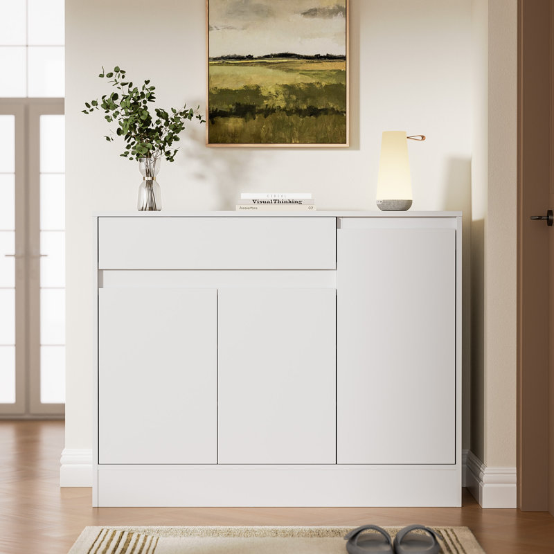 Shoe Cabinet Storage With 3 Doors, Freestanding Shoe Cabinet With Drawer & Adjustable Shelves, Wooden Shoe Organizer For Entryway, Hallway, White