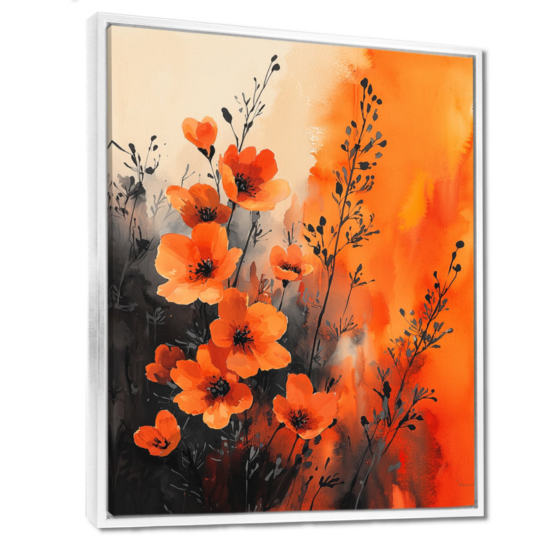 «Burning Wildflowers In Orange Expressionism II - Wildflowers», art mural encadré, Impression encadrée flottante, Blanc
