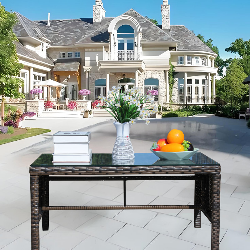 Patio Furniture Coffee Table - Clear Glass, Brown , , 180 Lbs Capacity With Tempered Glass Water