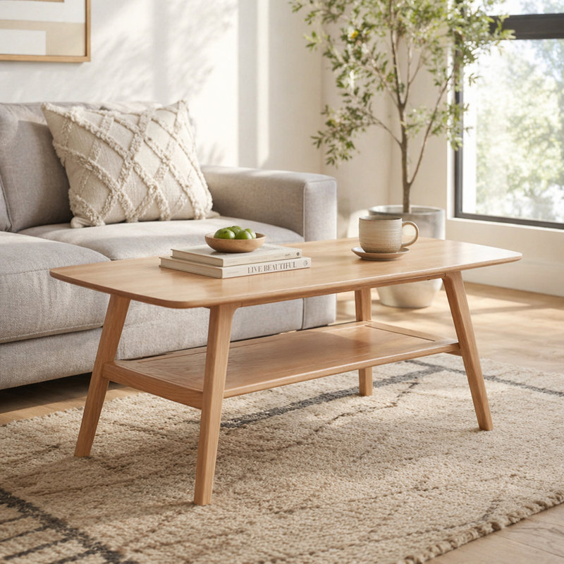 Table basse avec plateau central 100% bois massif, 17.32" H x 47.25" W x 22.05" D, Oak