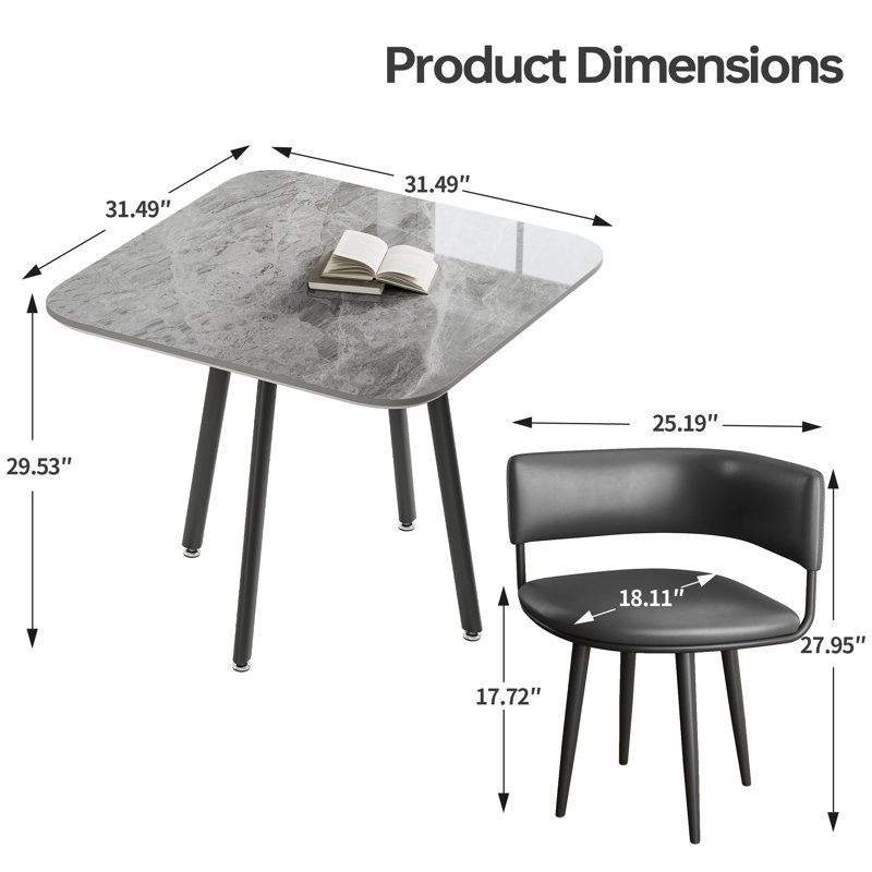Sintered Stone Square Gray Dining Table Set With 4 Chairs, Black, Gray
