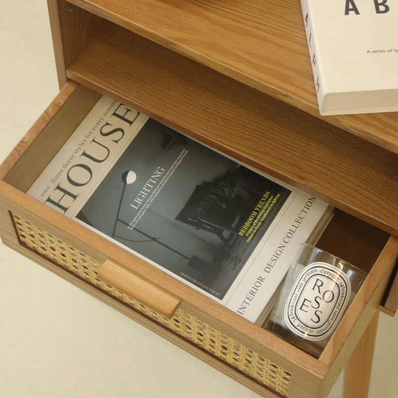 Mid Century Modern Nightstand - Small Bedside Table With Rattan Drawer - Wood End Table With Open Shelf For Small Spaces
