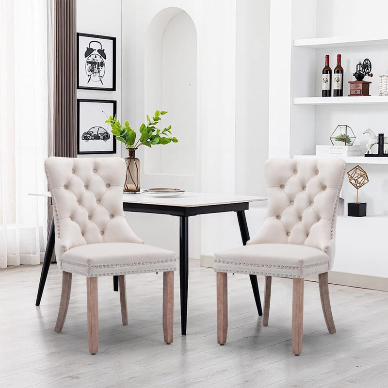 Chaise de salle à manger en velours avec anneau à dossier et pieds en bois massif, 2, Beige, Marron clair