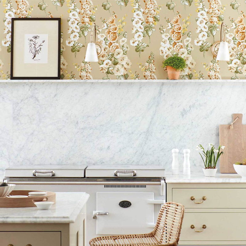 Hollyhocks Wallpaper, Gold Metallic/Tan