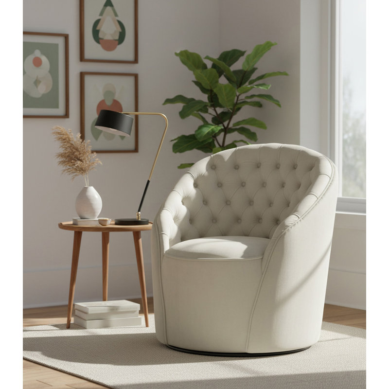 Fauteuil demi-tonneau pivotant en velours Alessio, Velours crème