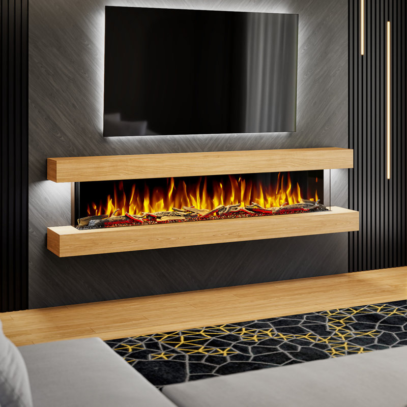 Studio 7 | Oak or Walnut | 84-inch Wall Mounted Electric Fireplace | Fully Assembled | 3-sided Panoramic Flame | Remote Control | Led Side Lights