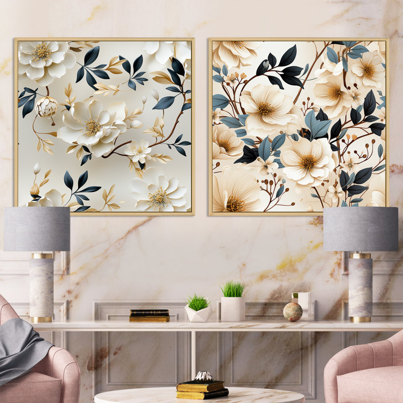 Luka - Ensemble de 2 collages carrés floraux, Cadre flottant brun, H 16 po x l 33 po
