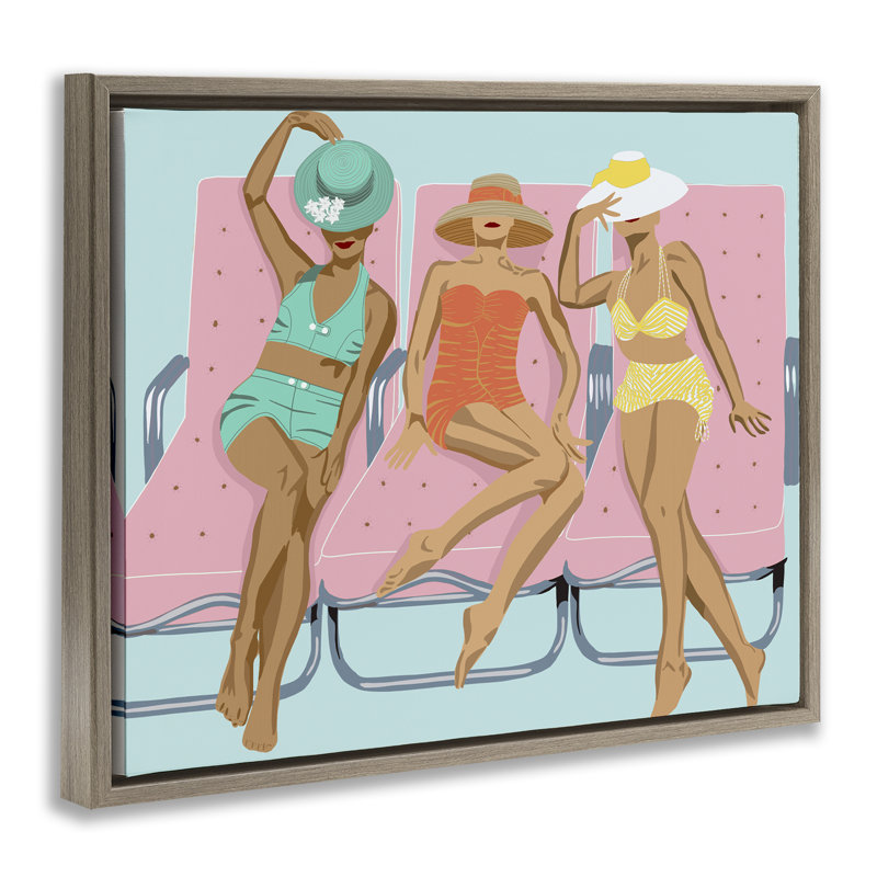 «Glam Beach Friends», art mural encadré sur toile flottante par Jen Bucheli, Cadre flottant orme Montalcino