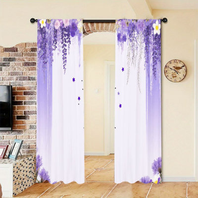 2PCS Wisteria Flower Style Decor Light Filtering Curtain with Purple Floral Cascade Pattern, Spring Refresh, Easy Hang Rod Pocket Design, All-Season Curtains for Home Living Room Bedroom Study Cabinet Decoration