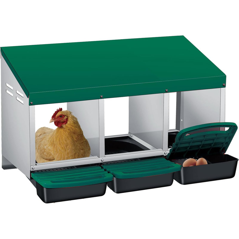 Chicken Nesting Boxes, 3 Hole Weatherproof Galvanized Steel Chicken Egg Laying Box with Handle Perch & Automatic Rollout Egg Collection