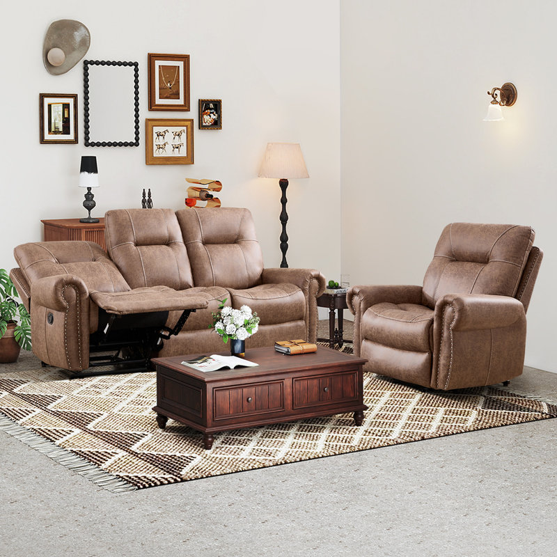 Ensemble de salon inclinable 2 pièces avec fauteuil relevable et canapé manuel, Brun rétro