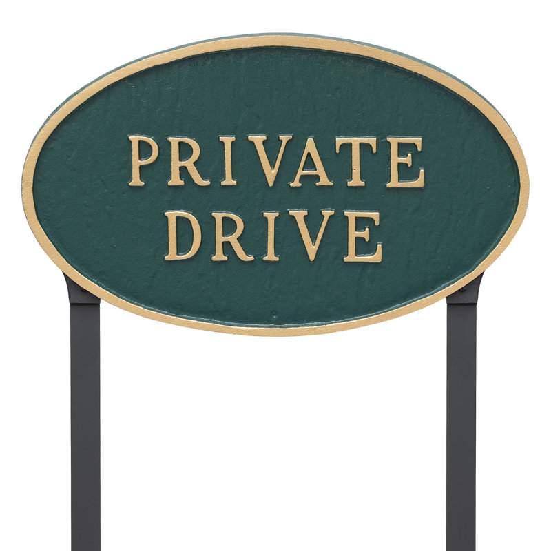 Large Oval Private Drive Statement Plaque Sign with Lawn Stakes, Hunter Green/Gold