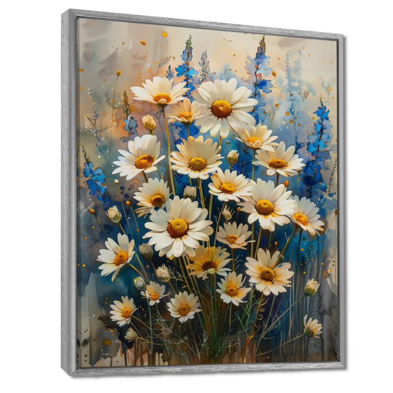 Bleu et blanc nature morte fleurs de jardin I - marguerites, impression d'art mural, Encadrement argenté