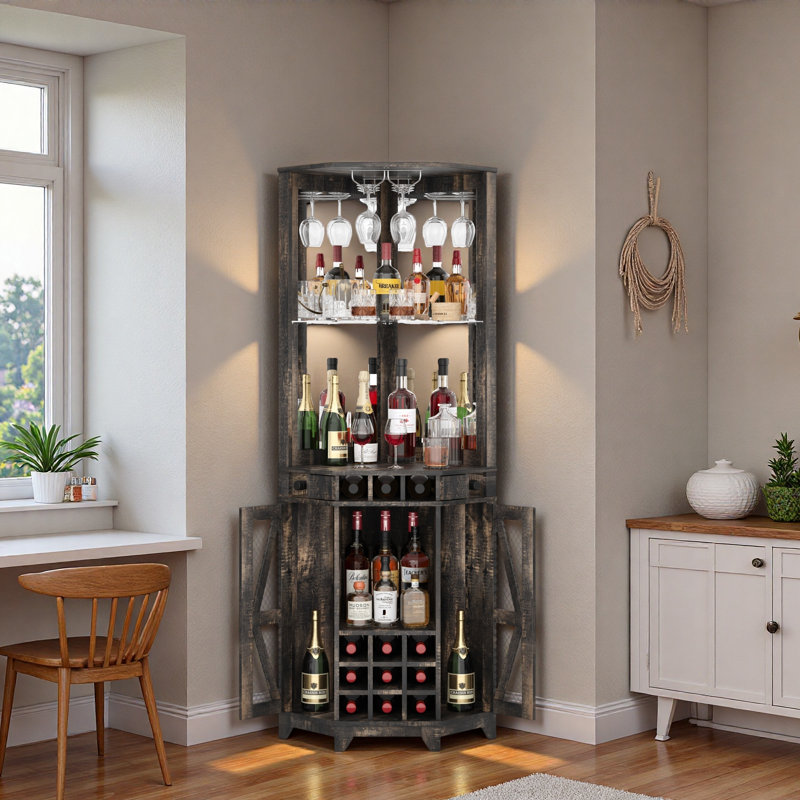 Armoire de rangement d'angle avec porte de grange, porte-verres et porte-bouteilles