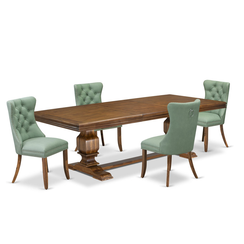 5-piece Kitchen Table Set includes a Dining Table and 4 Willow Green Polyester Fabric Modern Dining Chairs with Button tufted Back - Antique Walnut Finish