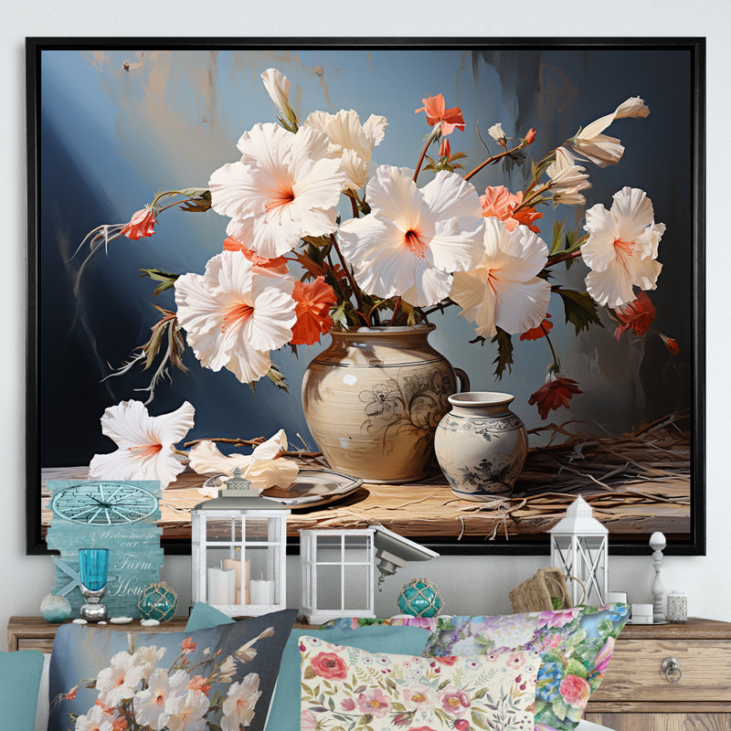 «Hibiscus Farmhouse Still Life Memory» sur toile, Cadre flottant noir, H 16 po x l 32 po