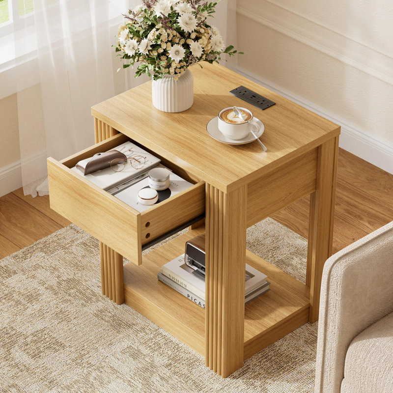 Fluted End Table With Charging Station, Wood Side Table With Drawer, Natural Wood