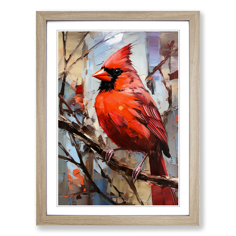Cardinal Bird Gestural - Single Picture Frame Print on Wood, 46cm H x 34cm W x 2cm D, Oak Framed