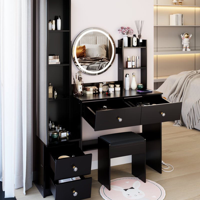 American Design, commode, armoire à miroir pleine grandeur, coiffeuse à DEL ronde de 17 po, tabouret rembourré, 2 centrales électriques et AC, ports d'éclairage réglables à luminosité tactile de 3 couleurs, commande