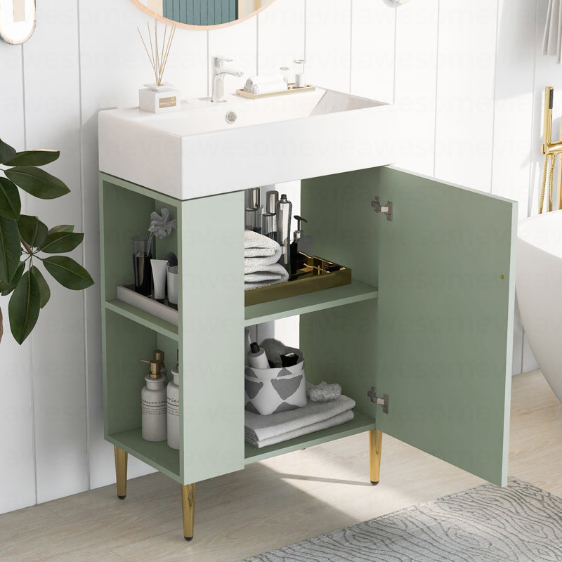 21.6" Green Bathroom Vanity, Combo Cabinet, Bathroom Storage Cabinet, Single Ceramic Sink, Left Side Storage, Green
