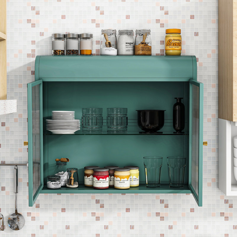 Armoire murale élégante avec portes en verre cannelé et tablettes réglables pour des solutions de rangement modernes, Bleu