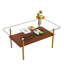 Table basse moderne en verre pour le salon, plateau rectangulaire en verre trempé, pieds en métal avec tablette en bois. Table de centre élégante et facile à nettoyer-131255751