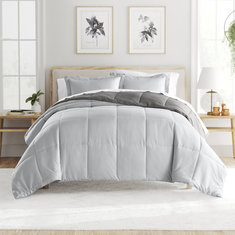 Reversible Down-Alternative Comforter Bedding Set, Twin/TwinXL Comforter + 1 Sham, Gray